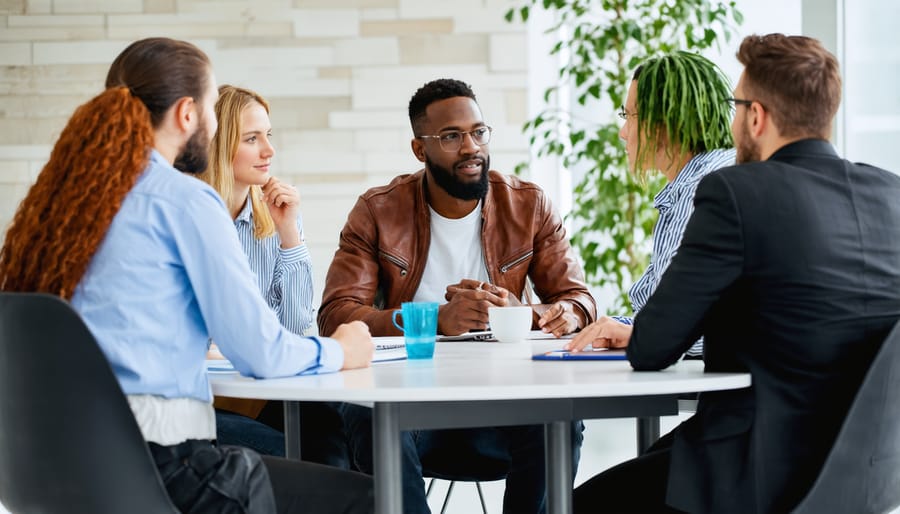 A group of professionals from various disciplines brainstorming innovative policies