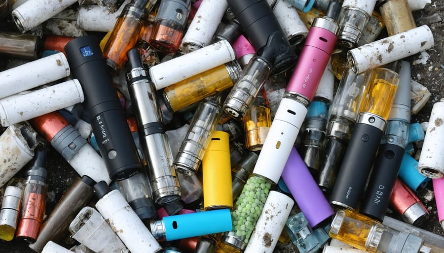 A collection of used vaping devices and cartridges representing electronic waste